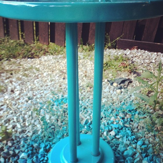 This was from my great uncle's house. We're not smokers, nor do we need a "smoking table" in our home. But its strong metal base and larger top made it a perfect plant stand. After a winter outdoors it started to crumble, rust, and just look awful. It needed several coats of bright blue love, but it looks amazing now.